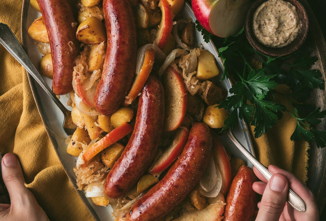 Beer Brat, Sauerkraut, Apple, and Potato Skillet