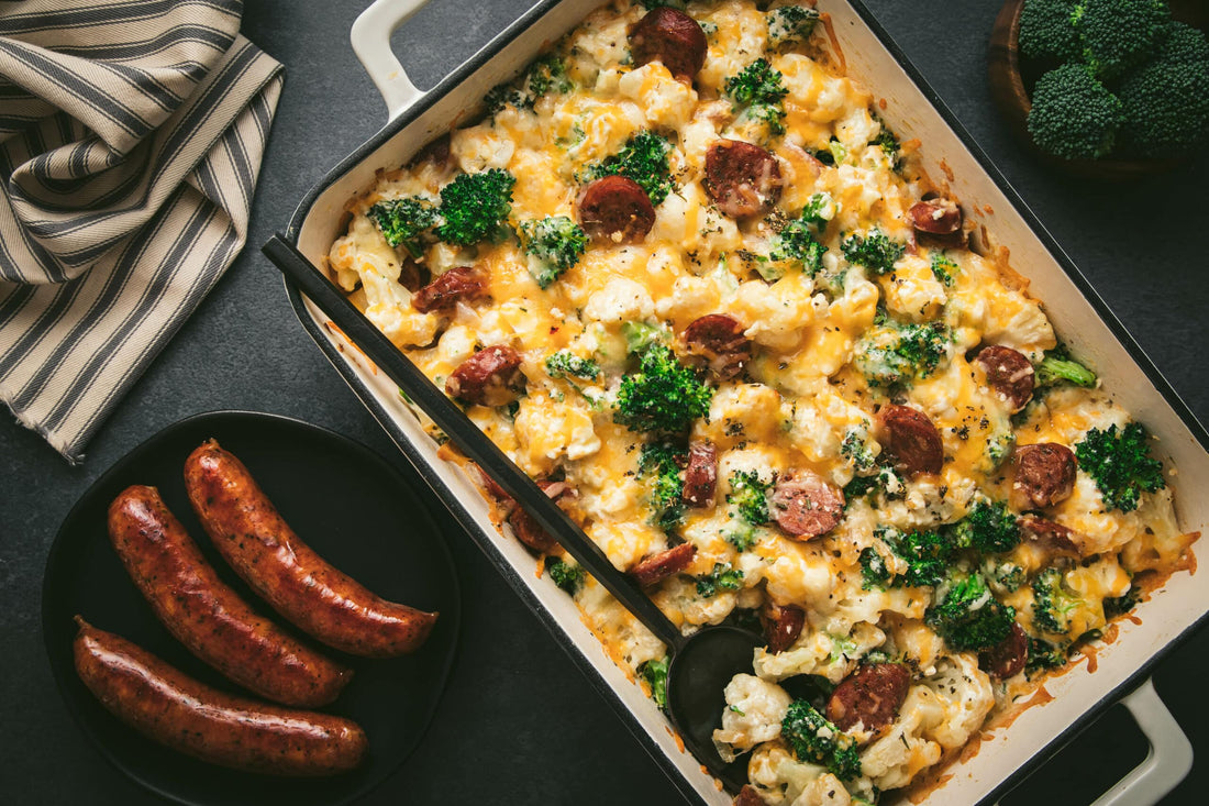 Cheesy Sausage, Broccoli, and Cauliflower Bake