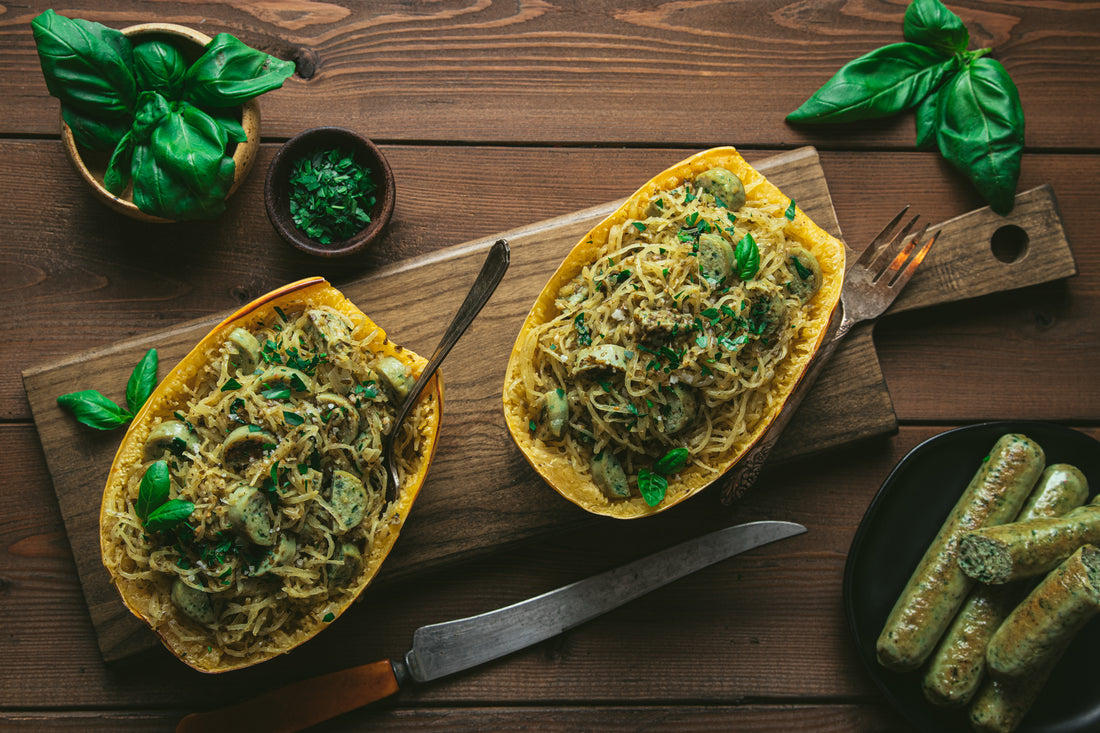 Whole30 Friendly Pesto Spaghetti Squash w/ Chicken Spinach